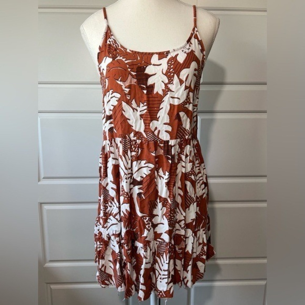 Roxy MD Brown White Black Palm Leaf Spaghetti Strap‎ Sundress Mini Resortwear